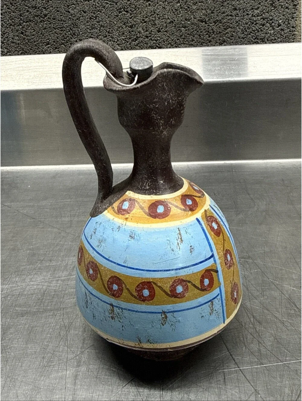 VTG RARE Artisan Made Ceramic Pitcher W/ Hand Painted Minoan Bull Leaping Mural